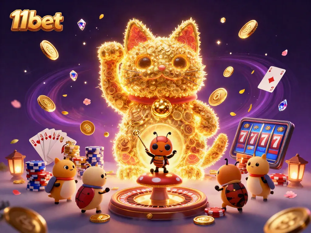 Engage with 11bet casino's vibrant world, showcasing a lucky cat and casino symbols amidst sparkling gems.