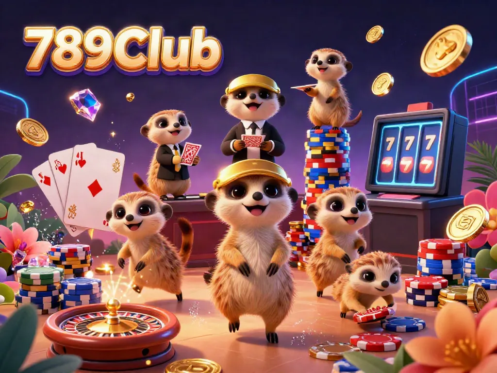 Experience the thrilling adventure of 789Club with meerkats running a vibrant casino filled with action and vivid colors.