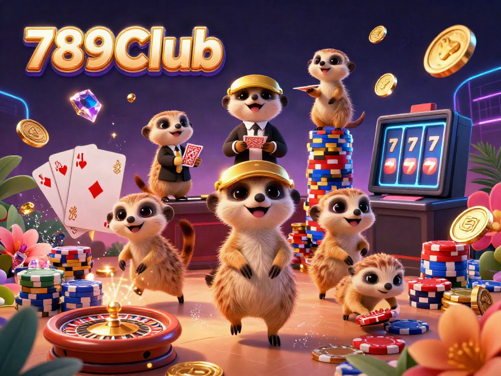 Experience the thrilling adventure of 789Club with meerkats running a vibrant casino filled with action and vivid colors.