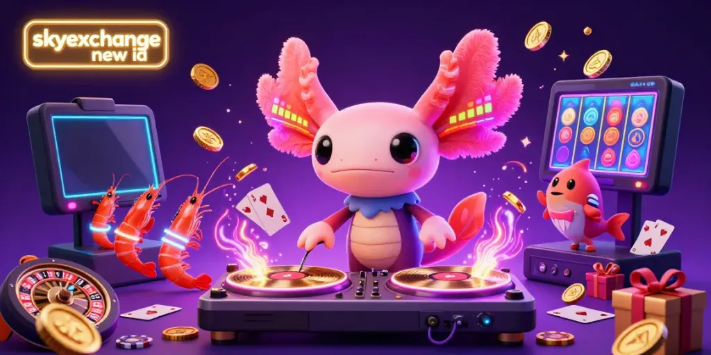 Experience the excitement of skyexchange new id with dynamic casino action and vibrant characters in a stunning 3D illustration.