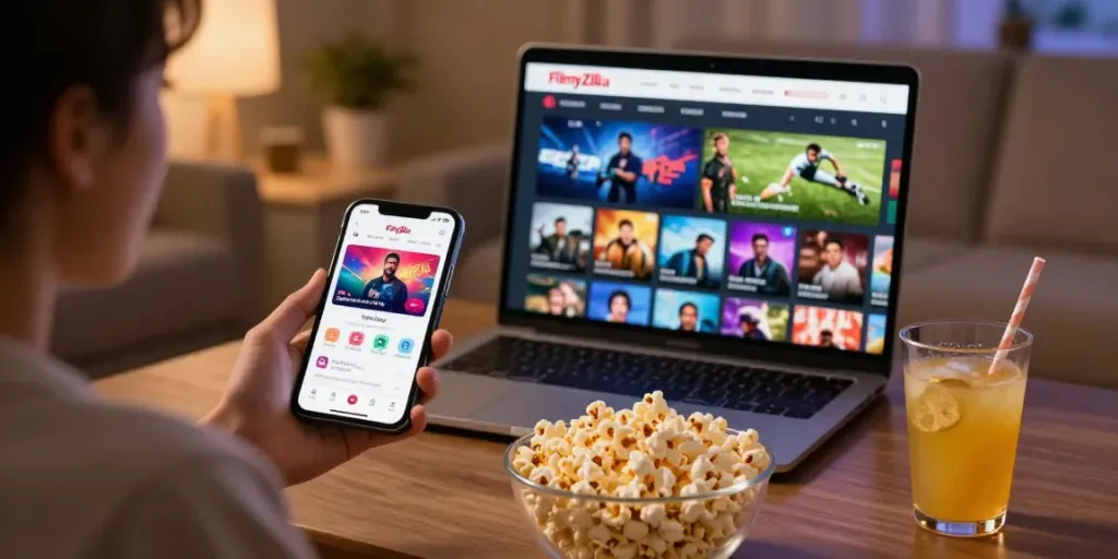 Filmy Zill com streaming interface on mobile showcasing diverse movies and sports options.