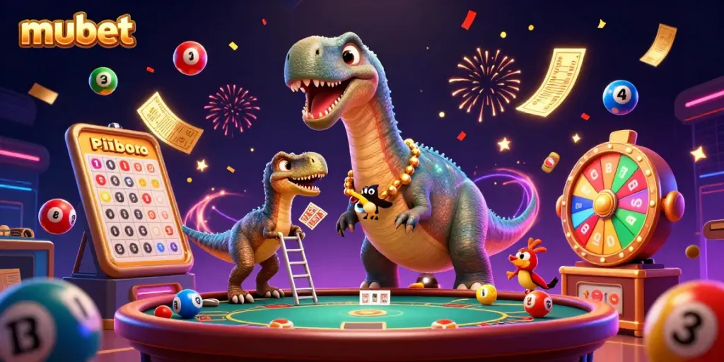 Engage with the vibrant mubet casino scene featuring a brontosaurus and clever raptor amidst colorful lottery elements.