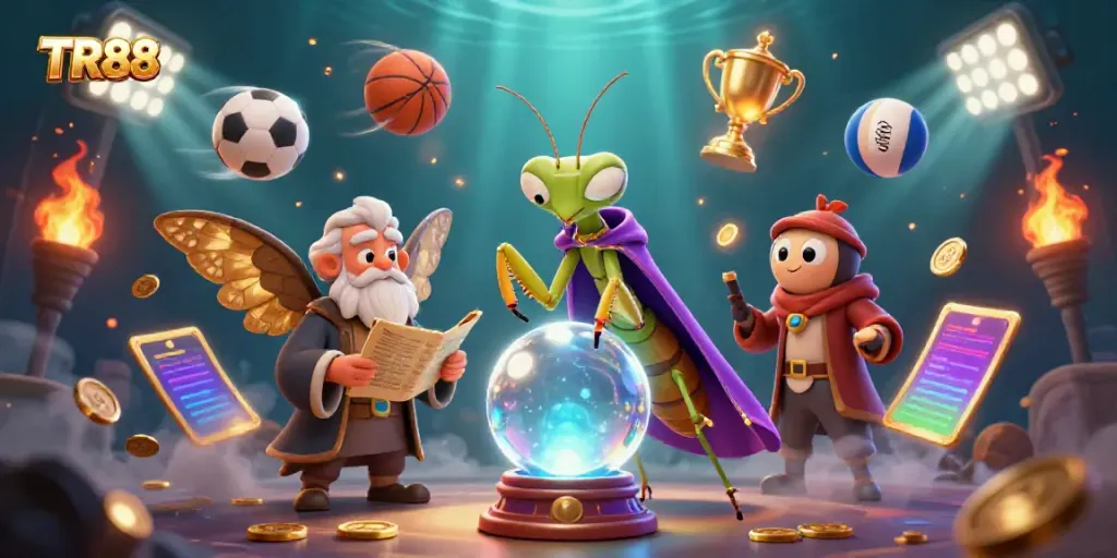Engage with the thrilling TR88 gambling experience showcased by dynamic sports elements and mystical characters.