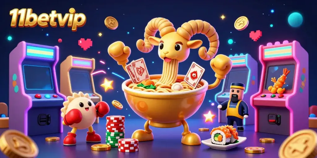 Engage in thrilling gameplay at 11betvip with a vibrant 3D scene featuring a golden ramen bowl dealer and cheerleading shrimp.